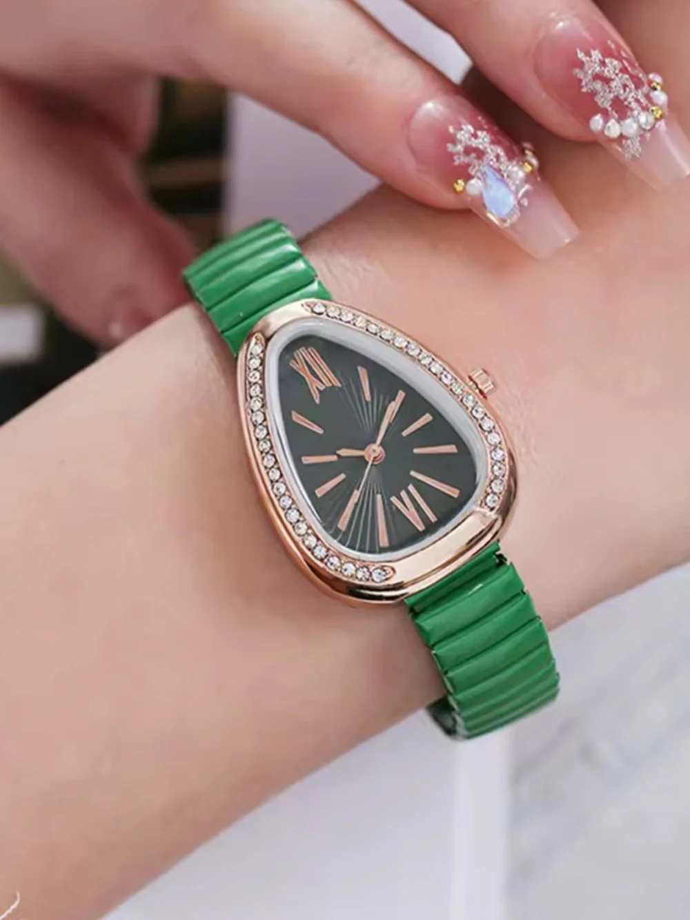 Kohl's Green Strap Teardrop Watch with Rose Gold Crystal Bezel